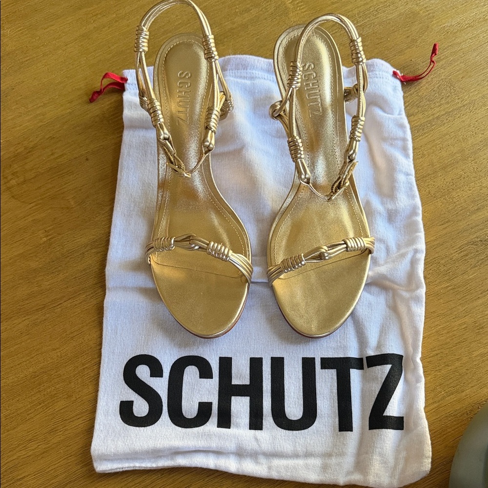 SCHUTZ Metallic Gold Knotted Strap Heels - Picture 4 of 5